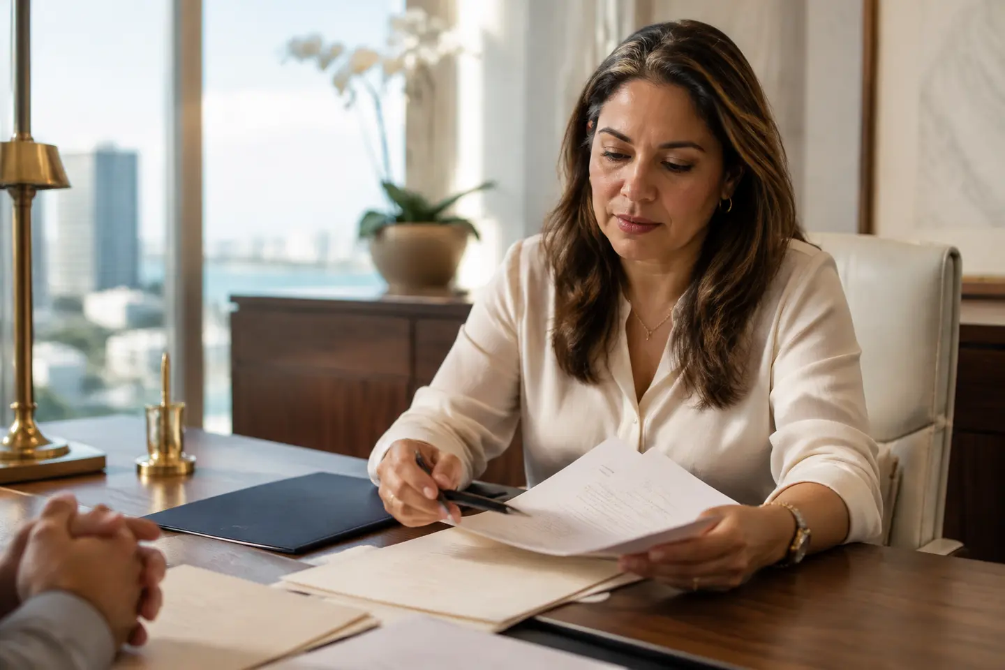 Especialista revisando documentos con un cliente
